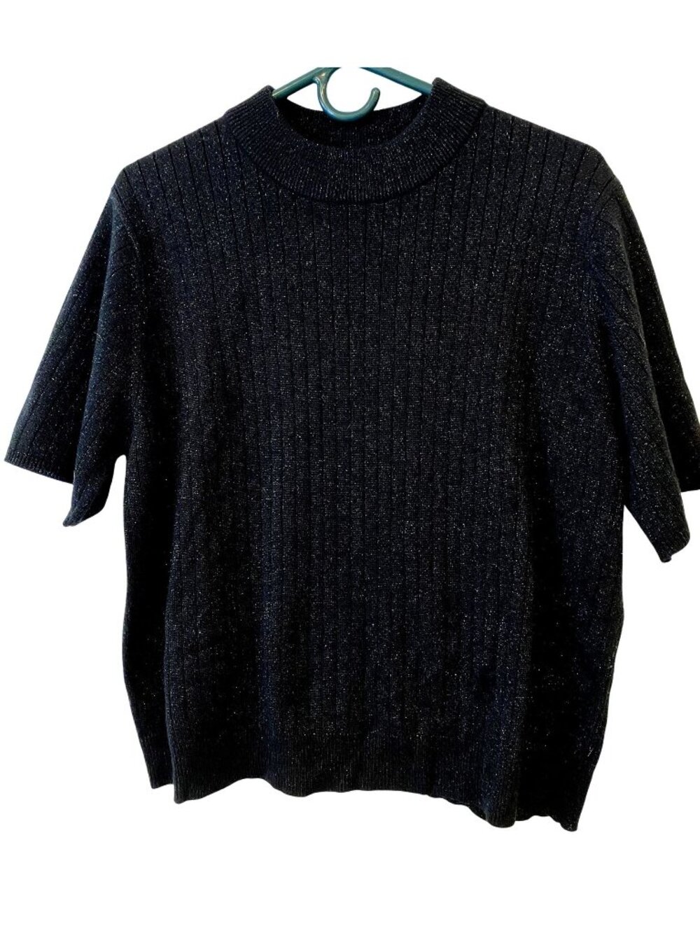 Sag Harbor Woman 1X Black Metallic Ribbed Mock Neck Short Sleeve Sweater Y2K
